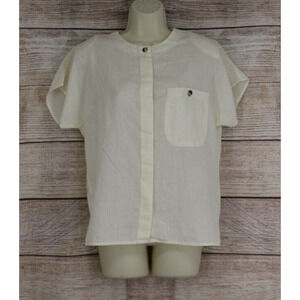 VINTAGE Orare Womens Sz Small Button Up Padded Shoulder Short Sleeve Shirt Cream